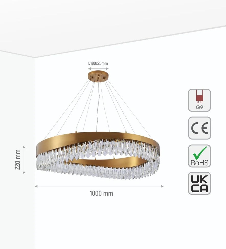 Neptune Faceted Long Pear Crystal Gold Metal Chandelier Ceiling Light G9 - Island or Round Shaped - 4 Size Options