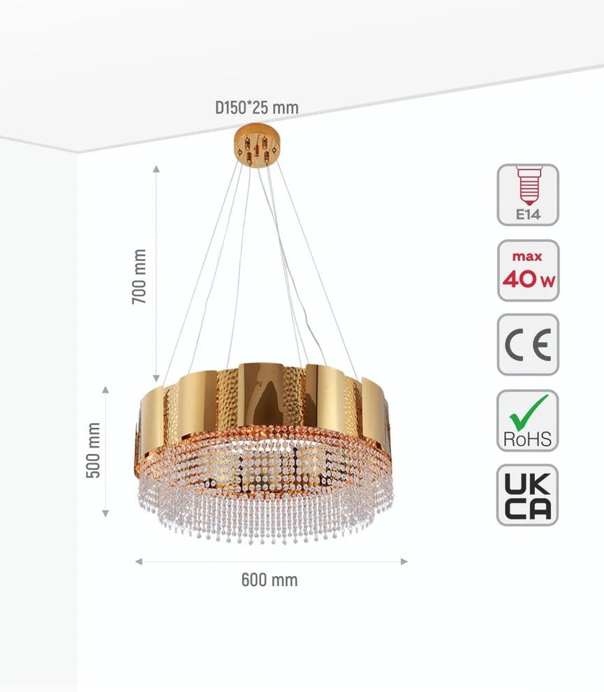 Mercury Octagon Crystal Gold Metal Kitchen Island Chandelier Ceiling Light E14 - Island or Round Shaped - 4 Size Options