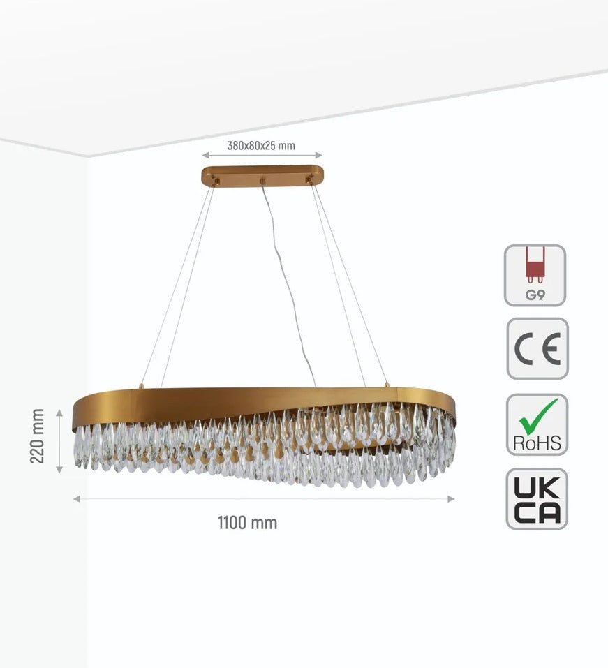 Neptune Faceted Long Pear Crystal Gold Metal Chandelier Ceiling Light G9 - Island or Round Shaped - 4 Size Options