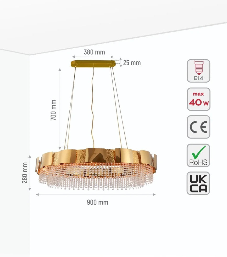 Mercury Octagon Crystal Gold Metal Kitchen Island Chandelier Ceiling Light E14 - Island or Round Shaped - 4 Size Options