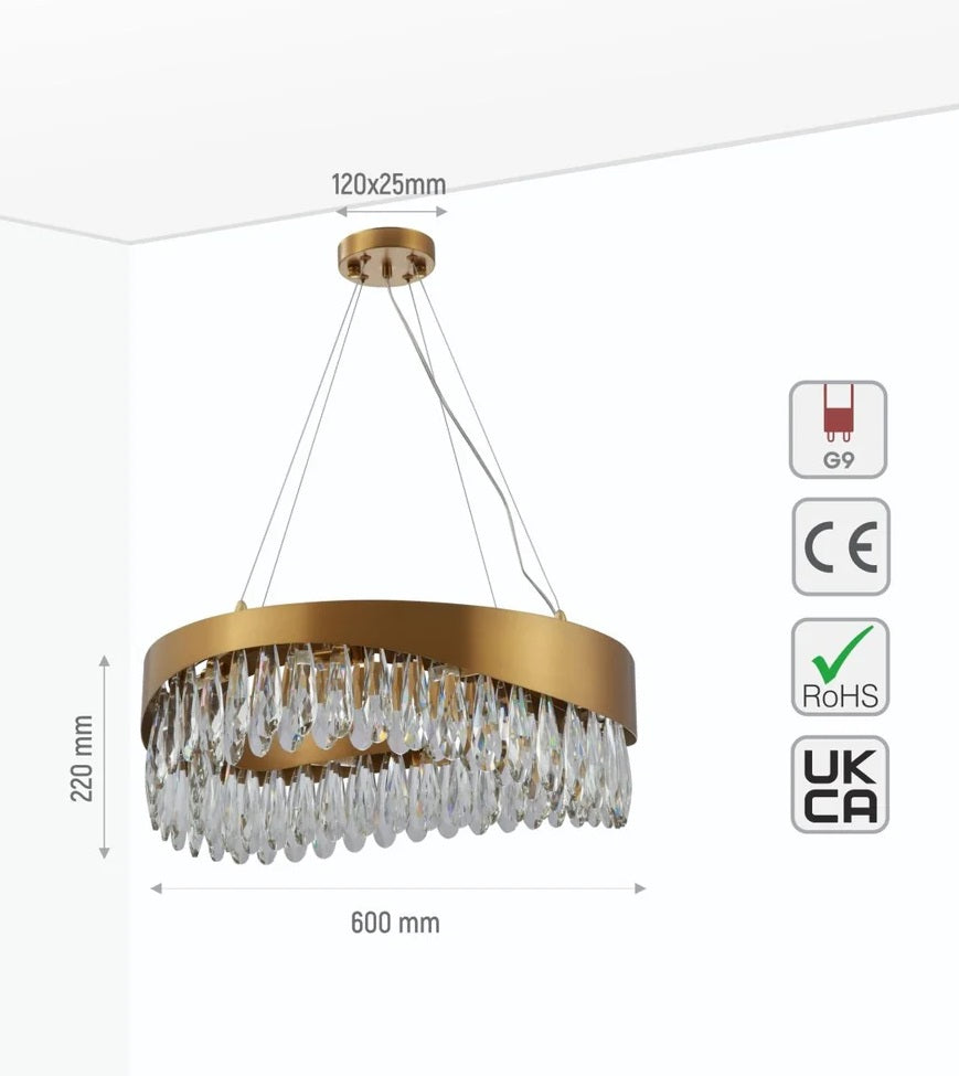 Neptune Faceted Long Pear Crystal Gold Metal Chandelier Ceiling Light G9 - Island or Round Shaped - 4 Size Options