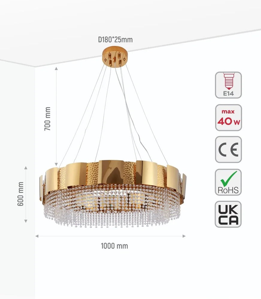 Mercury Octagon Crystal Gold Metal Kitchen Island Chandelier Ceiling Light E14 - Island or Round Shaped - 4 Size Options
