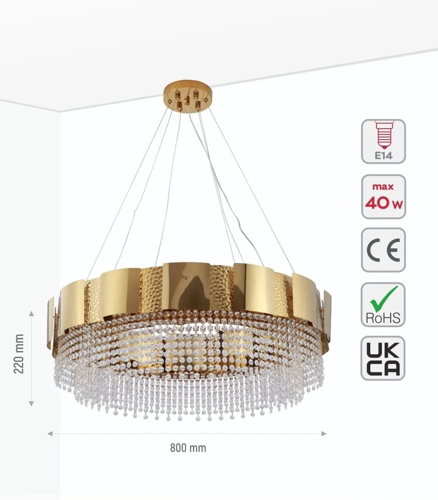 Mercury Octagon Crystal Gold Metal Kitchen Island Chandelier Ceiling Light E14 - Island or Round Shaped - 4 Size Options