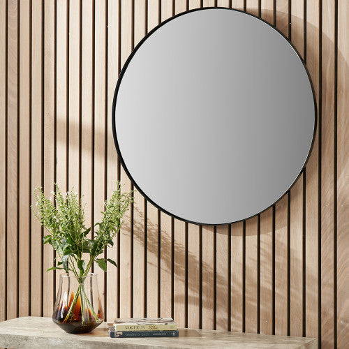 Black Metal Slim Frame Round Wall Mirror Medium