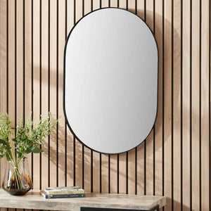 Oblong Black Metal Slim Frame Oval Wall Mirror