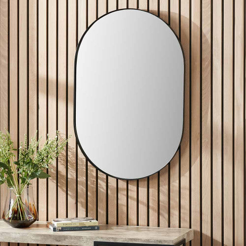 Oblong Black Metal Slim Frame Oval Wall Mirror