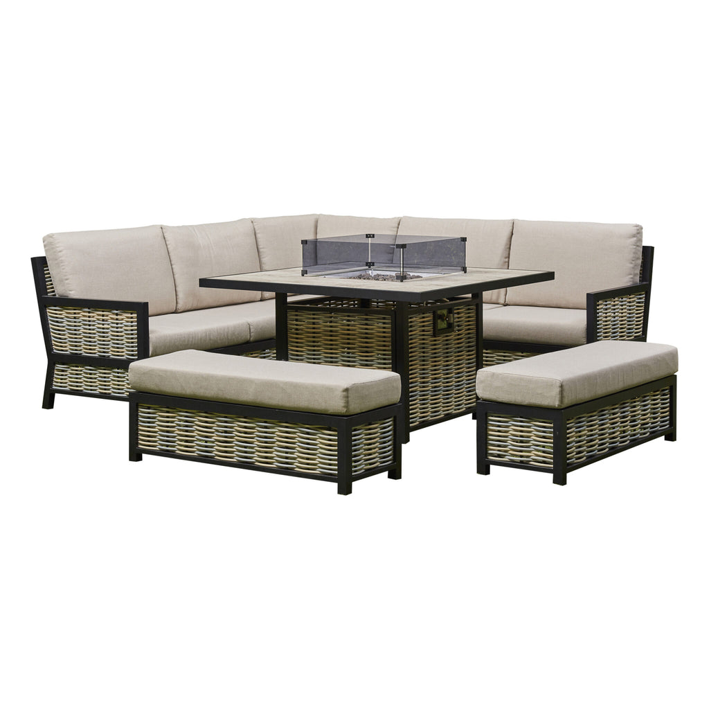 Outdoor - Corner Aluminium Firepit Dining Set - Grey or Biege Available