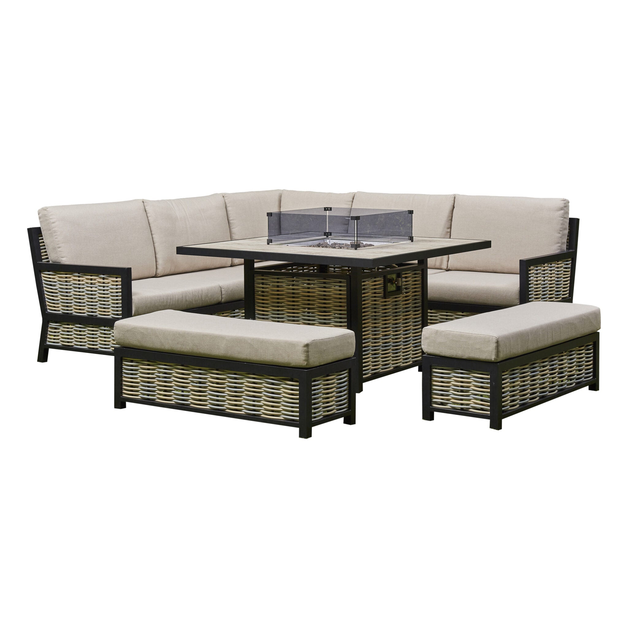 Outdoor - Corner Aluminium Firepit Dining Set - Grey or Biege Available