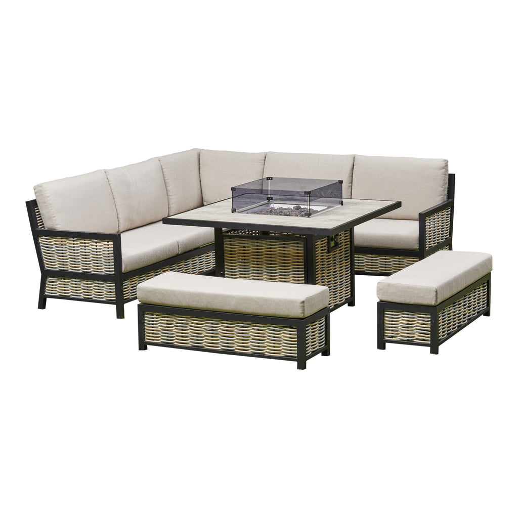 Outdoor - Corner Aluminium Firepit Dining Set - Grey or Biege Available