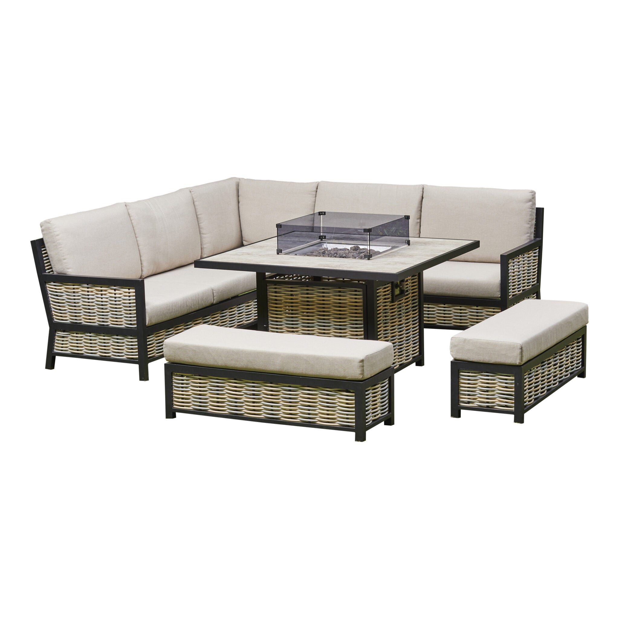 Outdoor - Corner Aluminium Firepit Dining Set - Grey or Biege Available