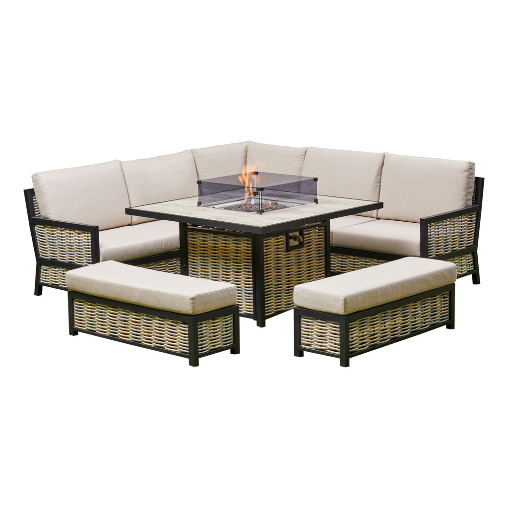 Outdoor - Corner Aluminium Firepit Dining Set - Grey or Biege Available