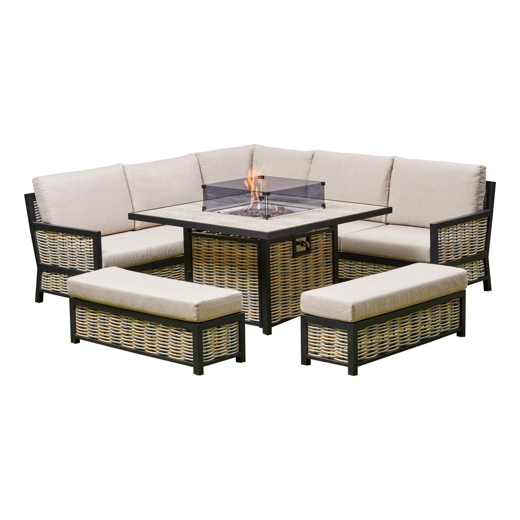 Outdoor - Corner Aluminium Firepit Dining Set - Grey or Biege Available