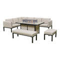 Outdoor - Corner Fabric Quilted Aluminium Firepit Dining Set - Grey or Biege Available