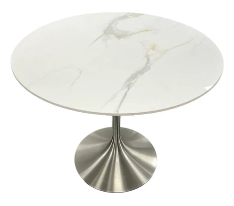 Bentley Round 90cm Ceramic Dining Table With Black or Chrome Legs - Top Available in Kasi Gold or Grey - Venice Chair Option