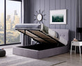 CARMEL Bed Frame & Storage - End Lift Ottoman In Grey Linen With Pipe & Button