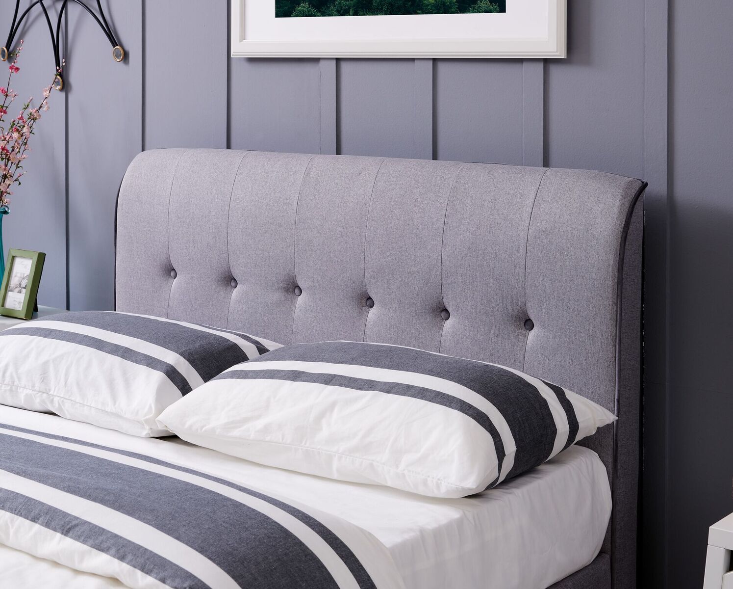 CARMEL Bed Frame & Storage - End Lift Ottoman In Grey Linen With Pipe & Button