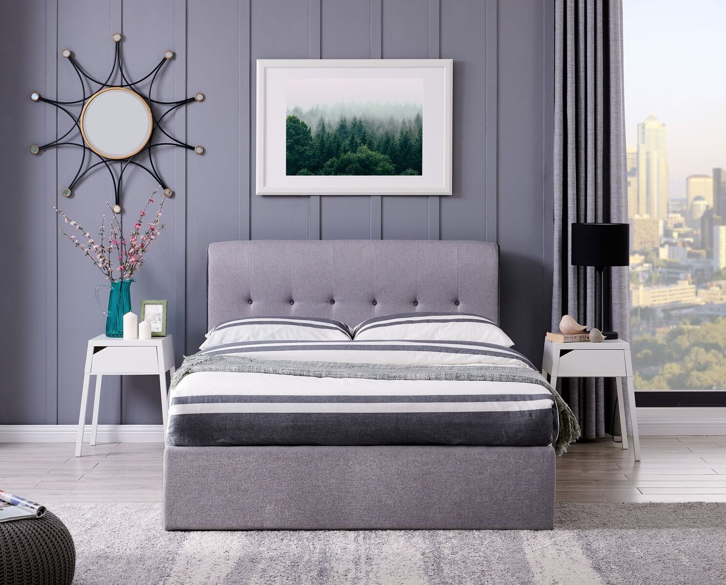CARMEL Bed Frame & Storage - End Lift Ottoman In Grey Linen With Pipe & Button