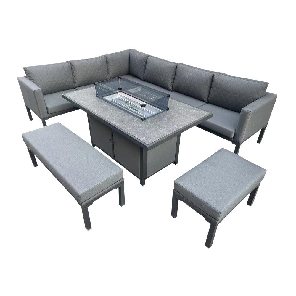 Outdoor - Corner Fabric Quilted Aluminium Firepit Dining Set - Grey or Biege Available