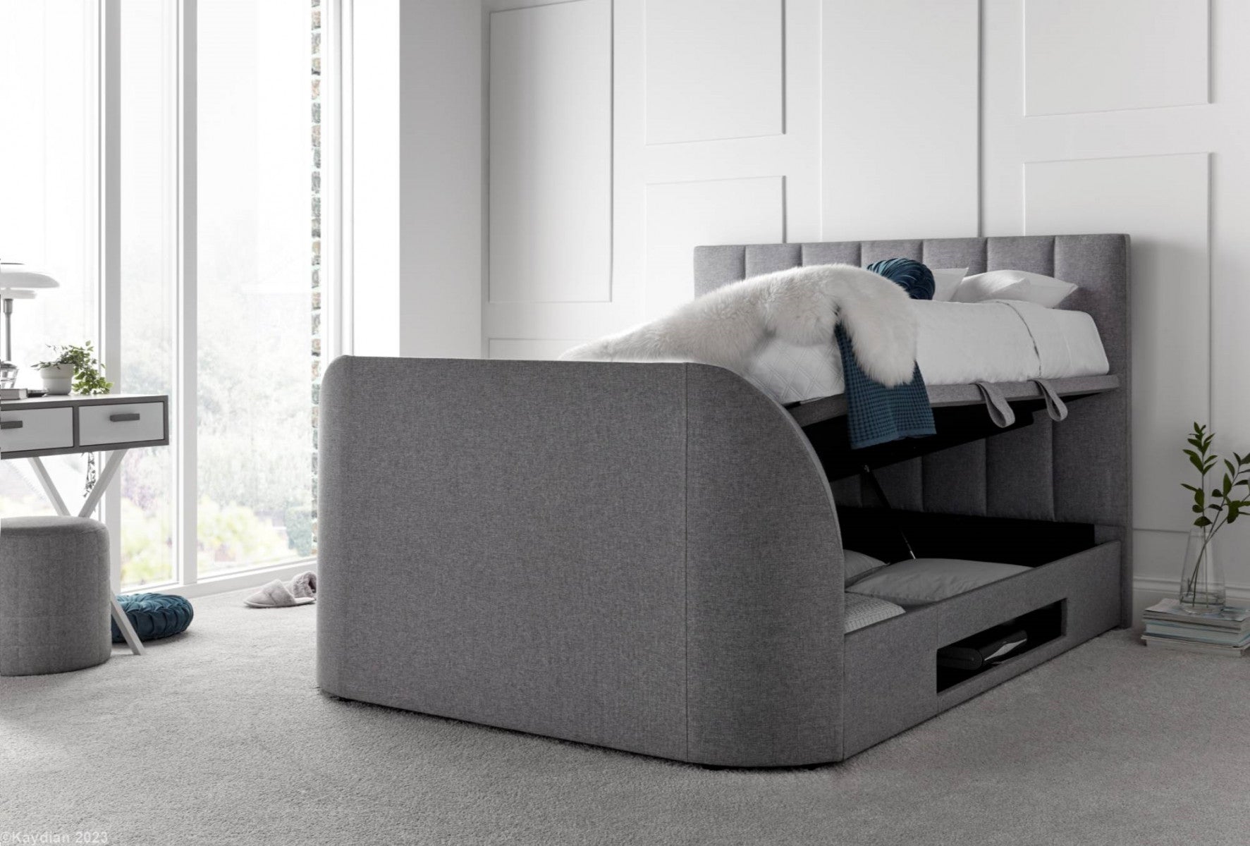 Medway TV Storage Bed - Available in Grey or Slate - Double, KingSize & SuperKing Sizes