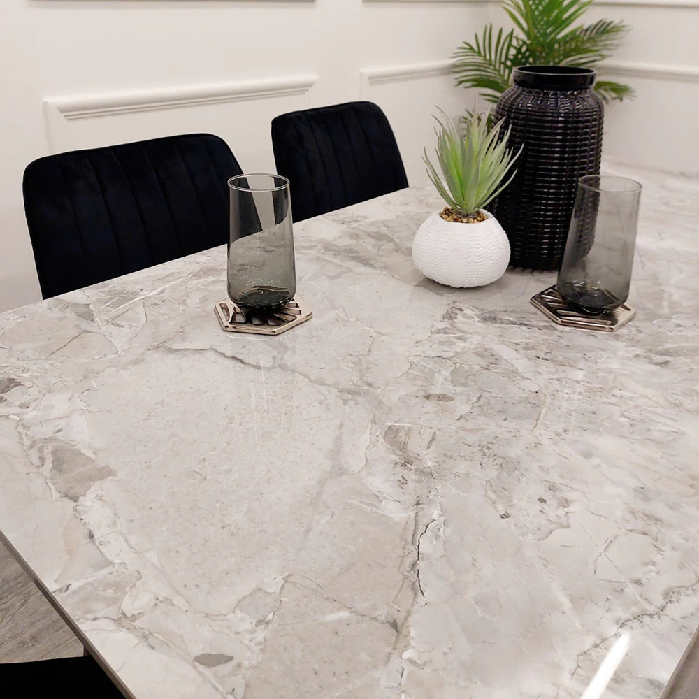 Titus 1.4 Black Dining Table with Sintered Stone Top (ash Grey, Polar White) & Alba Leather Dining Chair (Grey, Tan or Khaki)