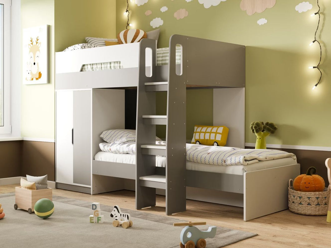 Benjamin Bunk Bed With Wardrobe White And Grey - Mattress Options