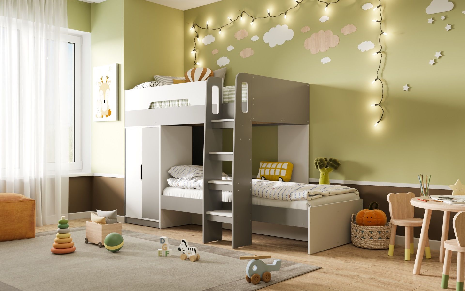Benjamin Bunk Bed With Wardrobe White And Grey - Mattress Options