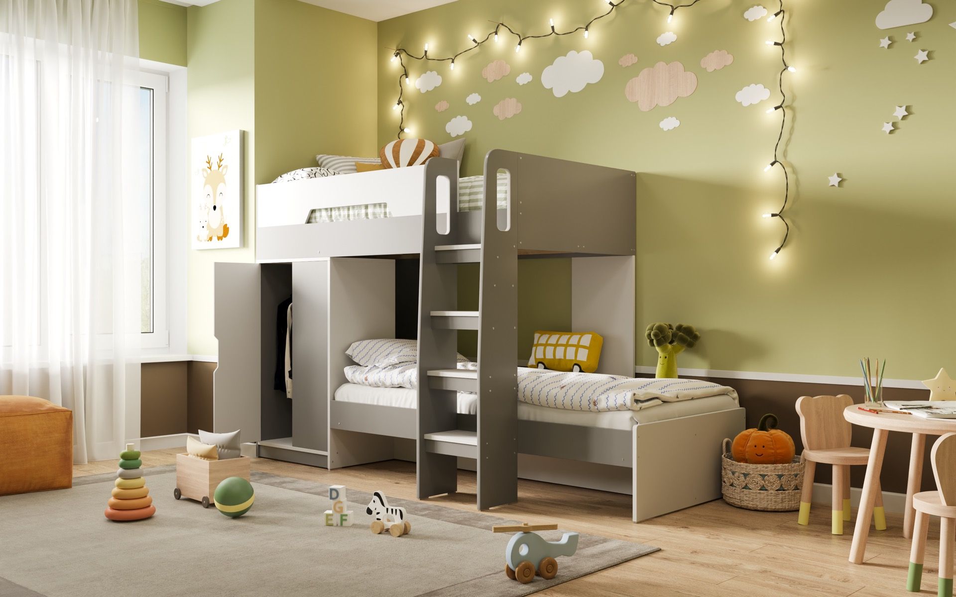 Benjamin Bunk Bed With Wardrobe White And Grey - Mattress Options
