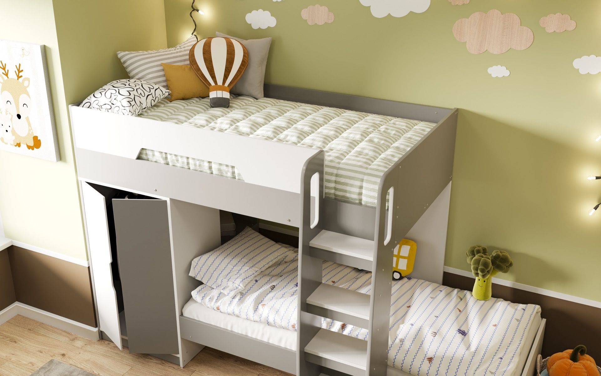 Benjamin Bunk Bed With Wardrobe White And Grey - Mattress Options