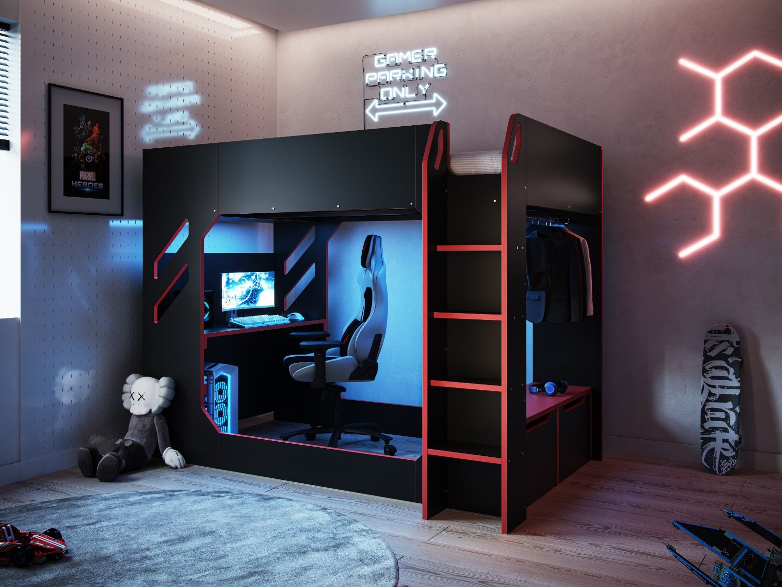 Recoil Shuttle LED Gaming Bed High Sleeper Small Double - Available in Black & Red or White