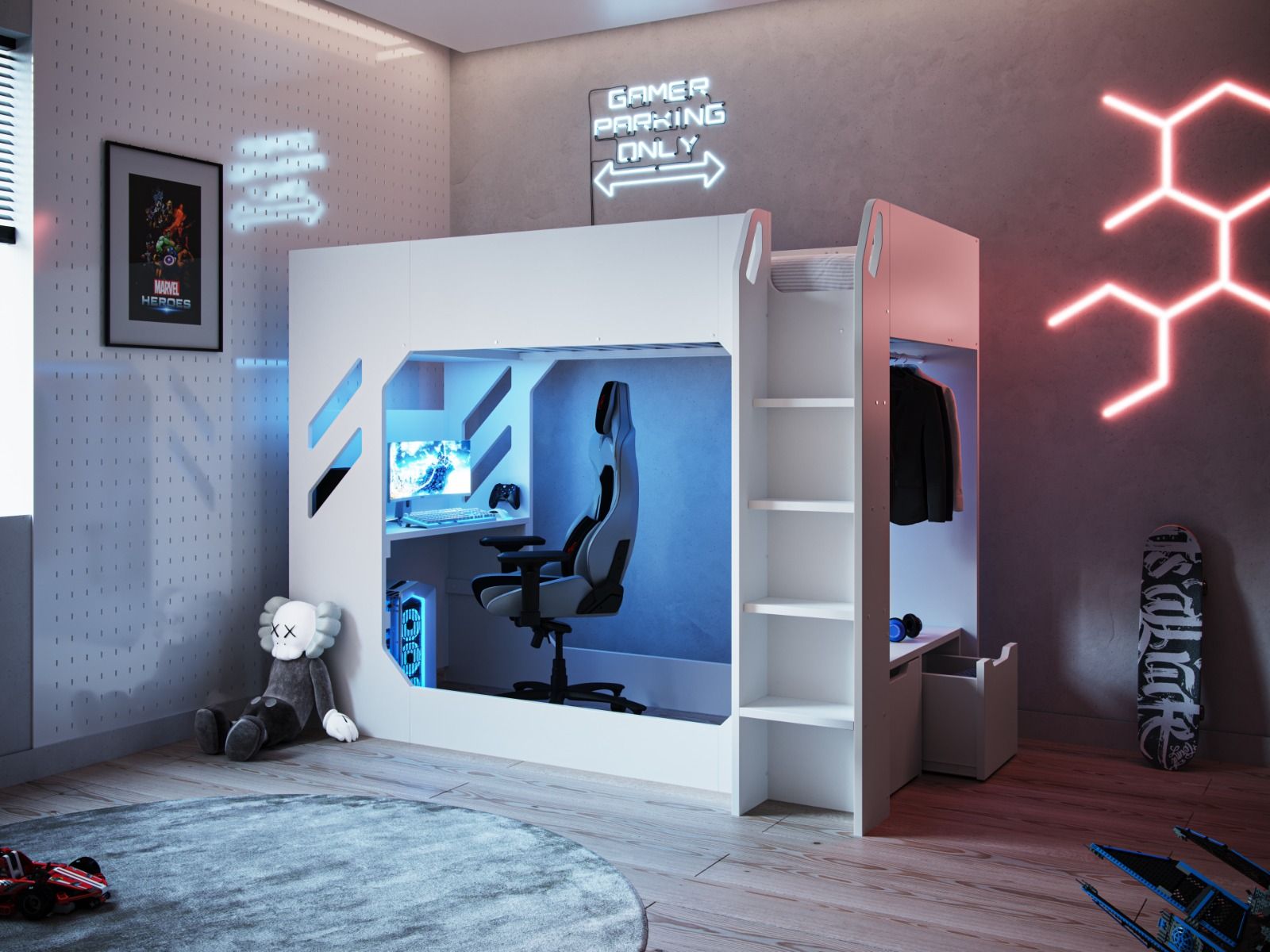 Recoil Shuttle LED Gaming Bed High Sleeper Single - Available in Black & Red or White