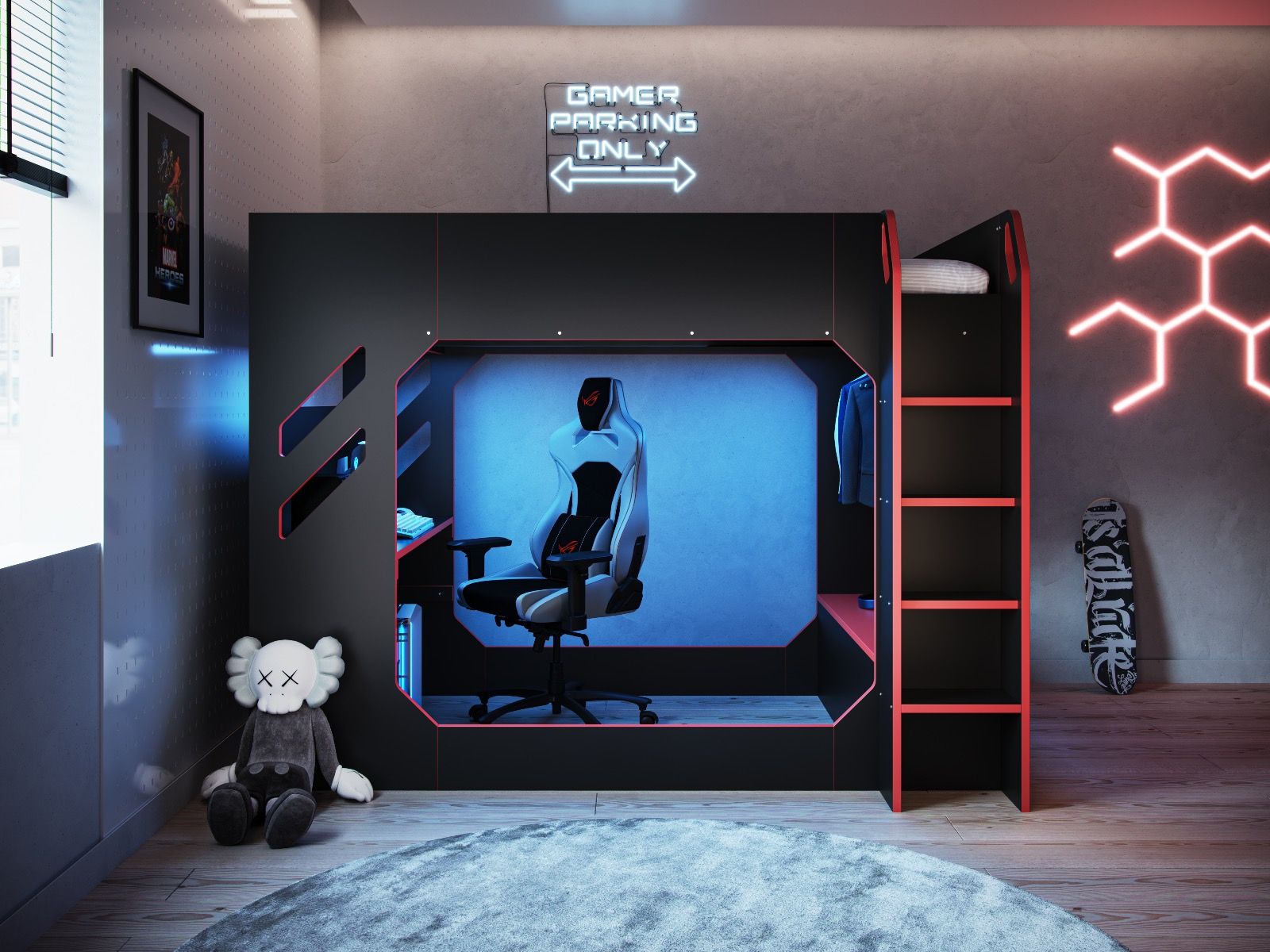 Recoil Shuttle LED Gaming Bed High Sleeper Small Double - Available in Black & Red or White