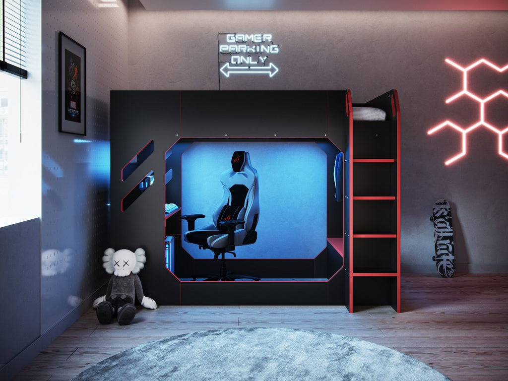 Recoil Shuttle LED Gaming Bed High Sleeper Single - Available in Black & Red or White
