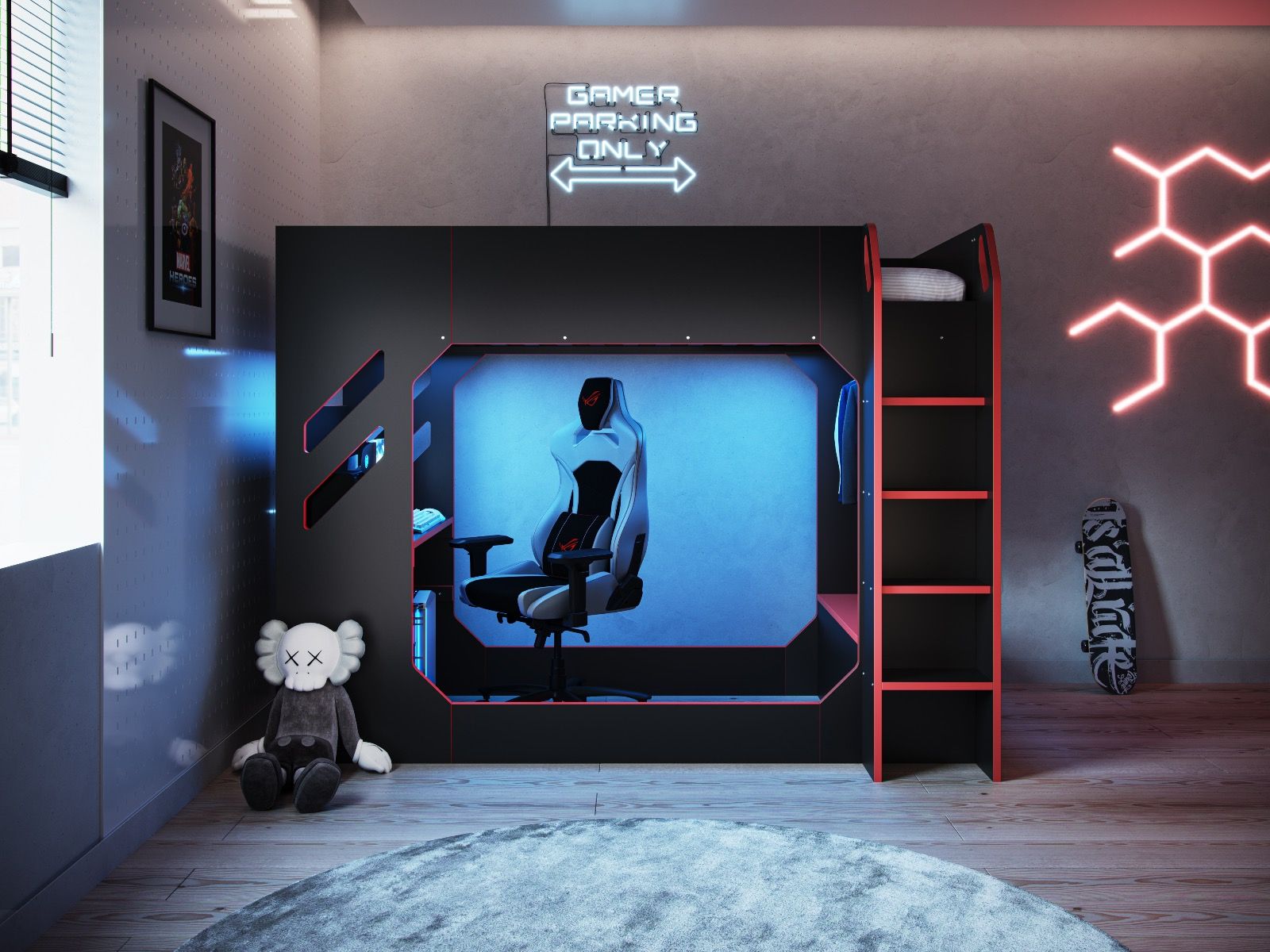 Recoil Shuttle LED Gaming Bed High Sleeper Single - Available in Black & Red or White