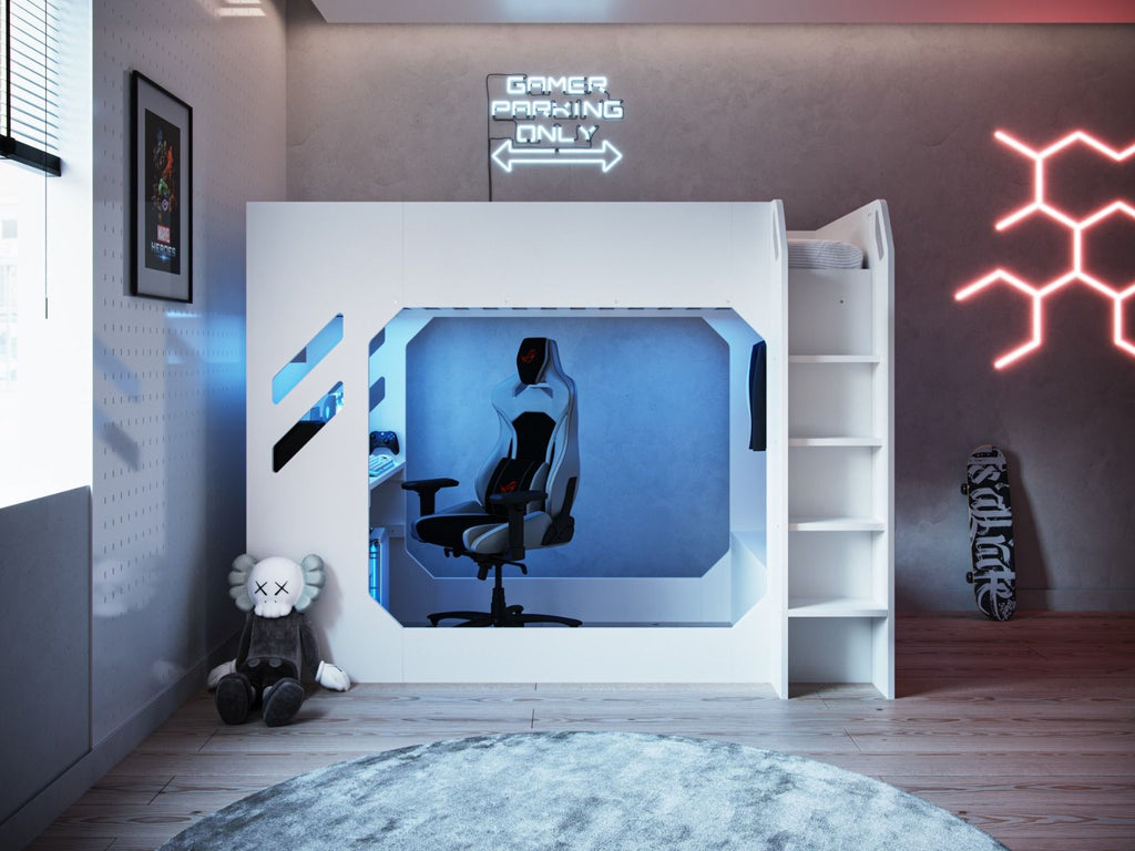 Recoil Shuttle LED Gaming Bed High Sleeper Single - Available in Black & Red or White