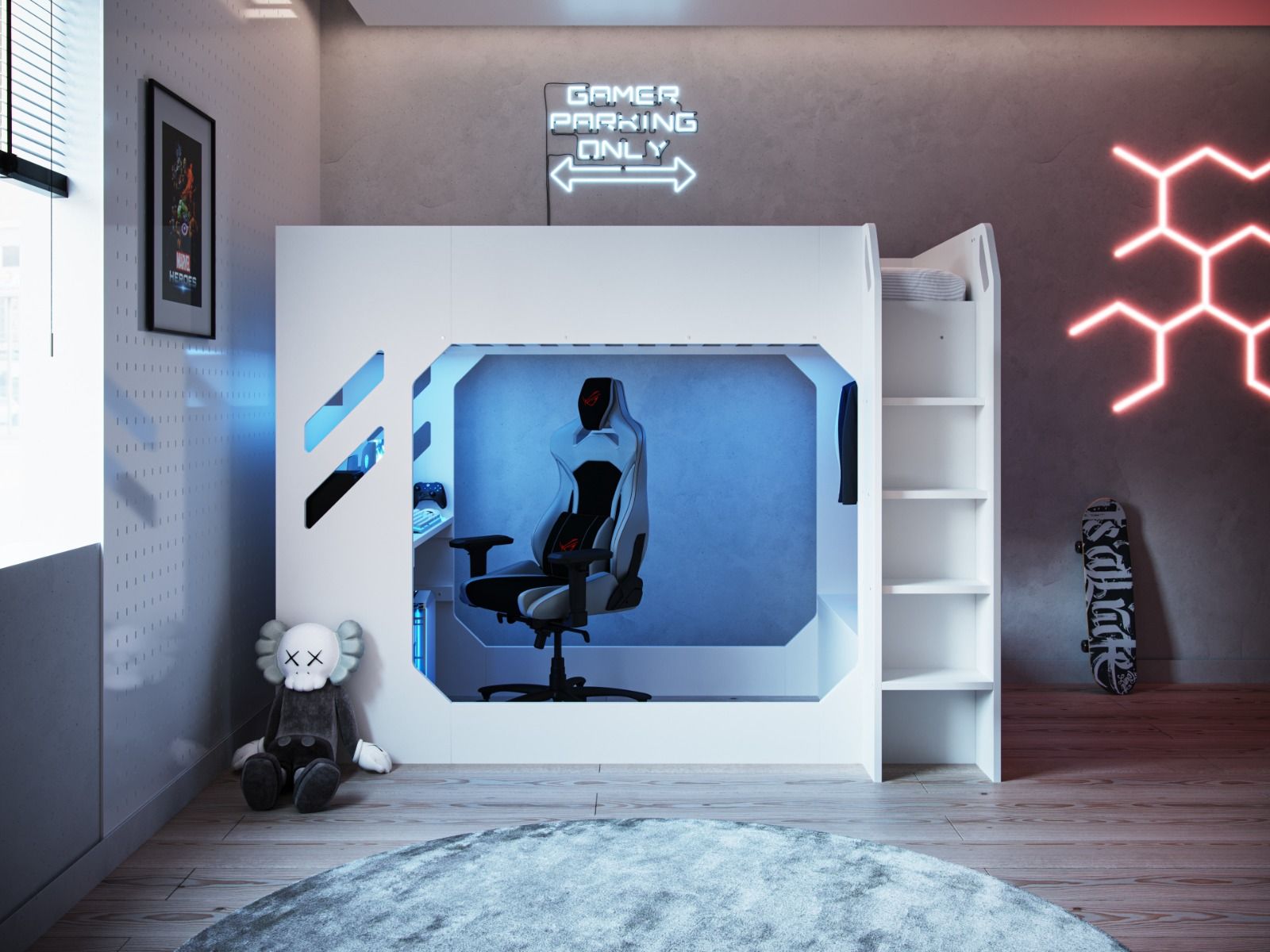 Recoil Shuttle LED Gaming Bed High Sleeper Single - Available in Black & Red or White