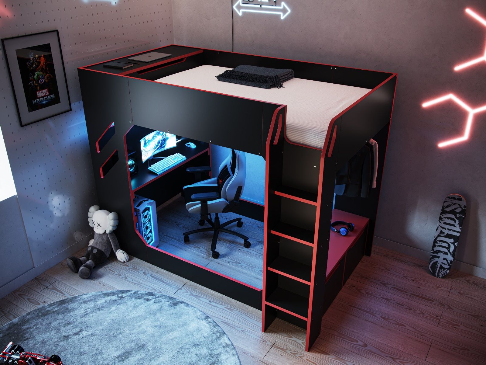 Recoil Shuttle LED Gaming Bed High Sleeper Small Double - Available in Black & Red or White