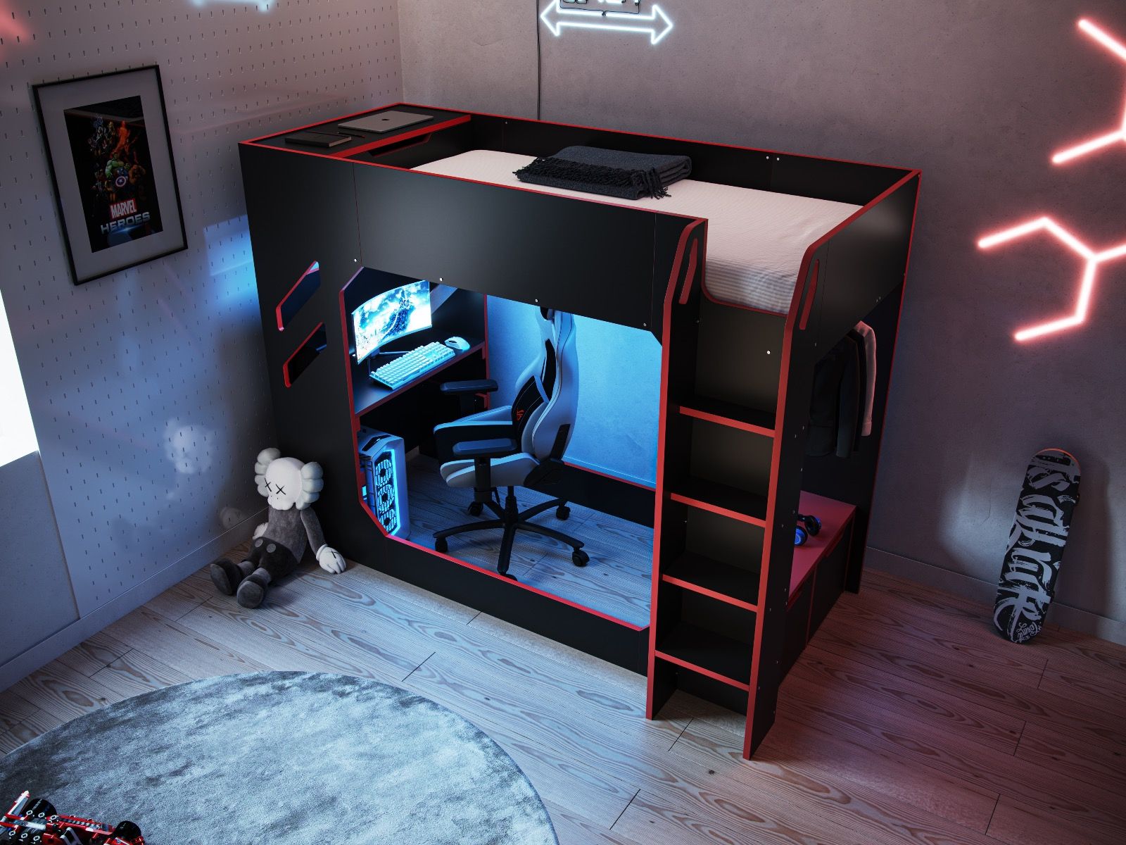 Recoil Shuttle LED Gaming Bed High Sleeper Single - Available in Black & Red or White