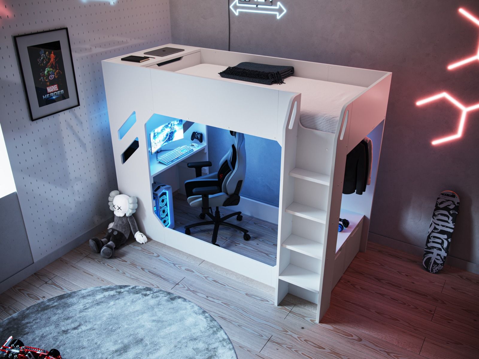 Recoil Shuttle LED Gaming Bed High Sleeper Single - Available in Black & Red or White