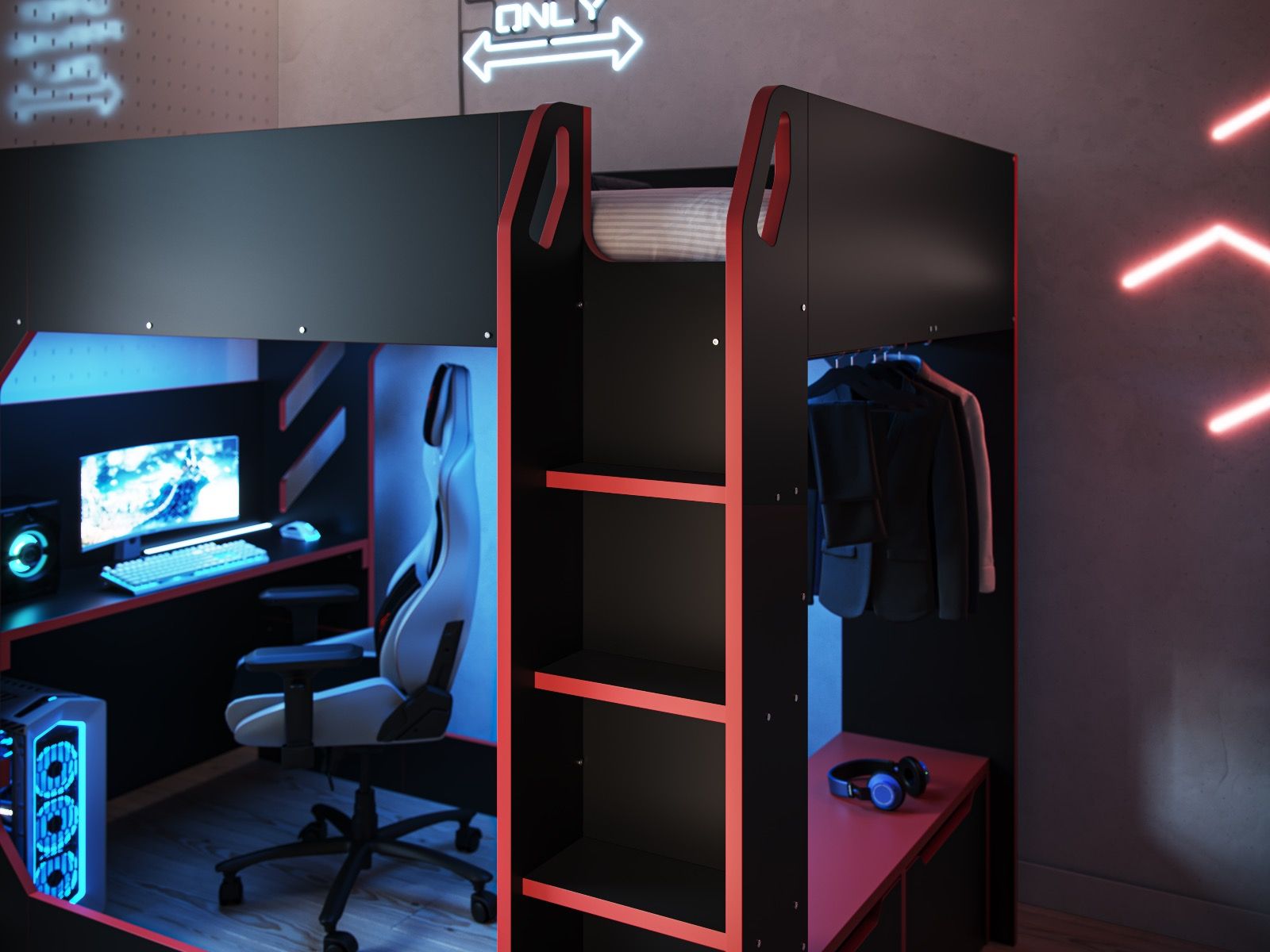 Recoil Shuttle LED Gaming Bed High Sleeper Small Double - Available in Black & Red or White