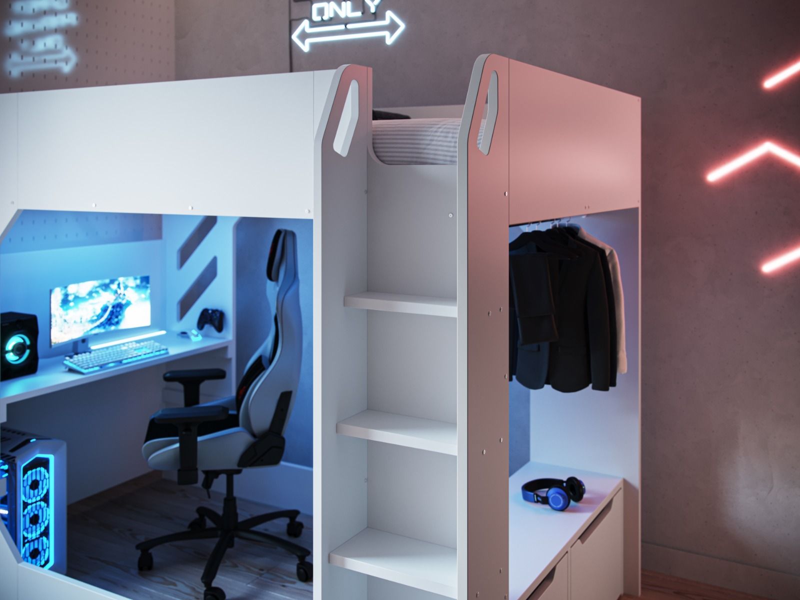 Recoil Shuttle LED Gaming Bed High Sleeper Single - Available in Black & Red or White