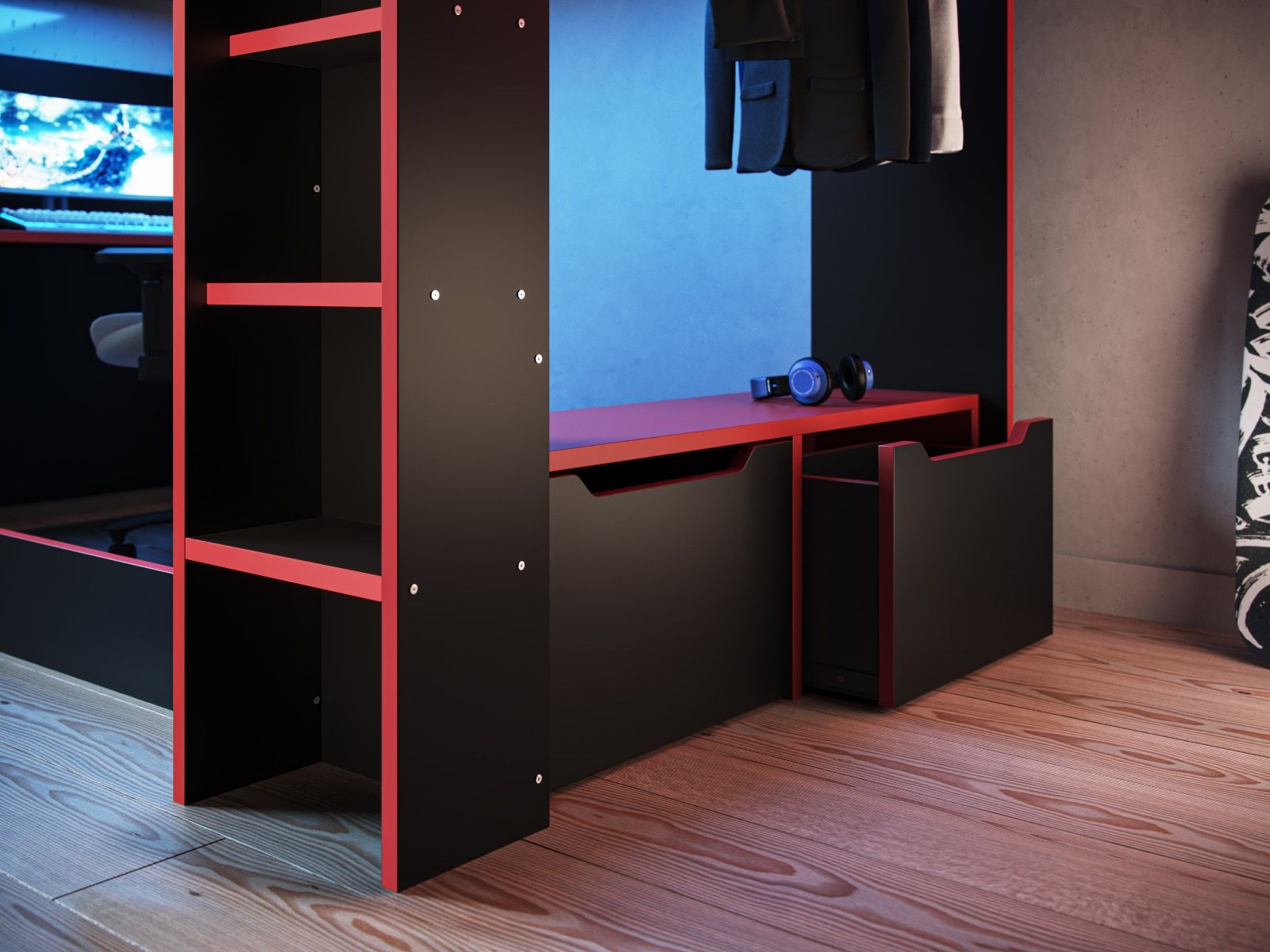 Recoil Shuttle LED Gaming Bed High Sleeper Single - Available in Black & Red or White