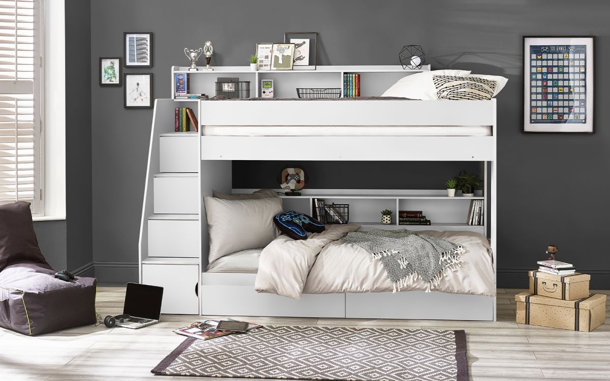 Kids Camelot Staircase Bunk With Storage - Available in Anthracite or White - Optional Mattress
