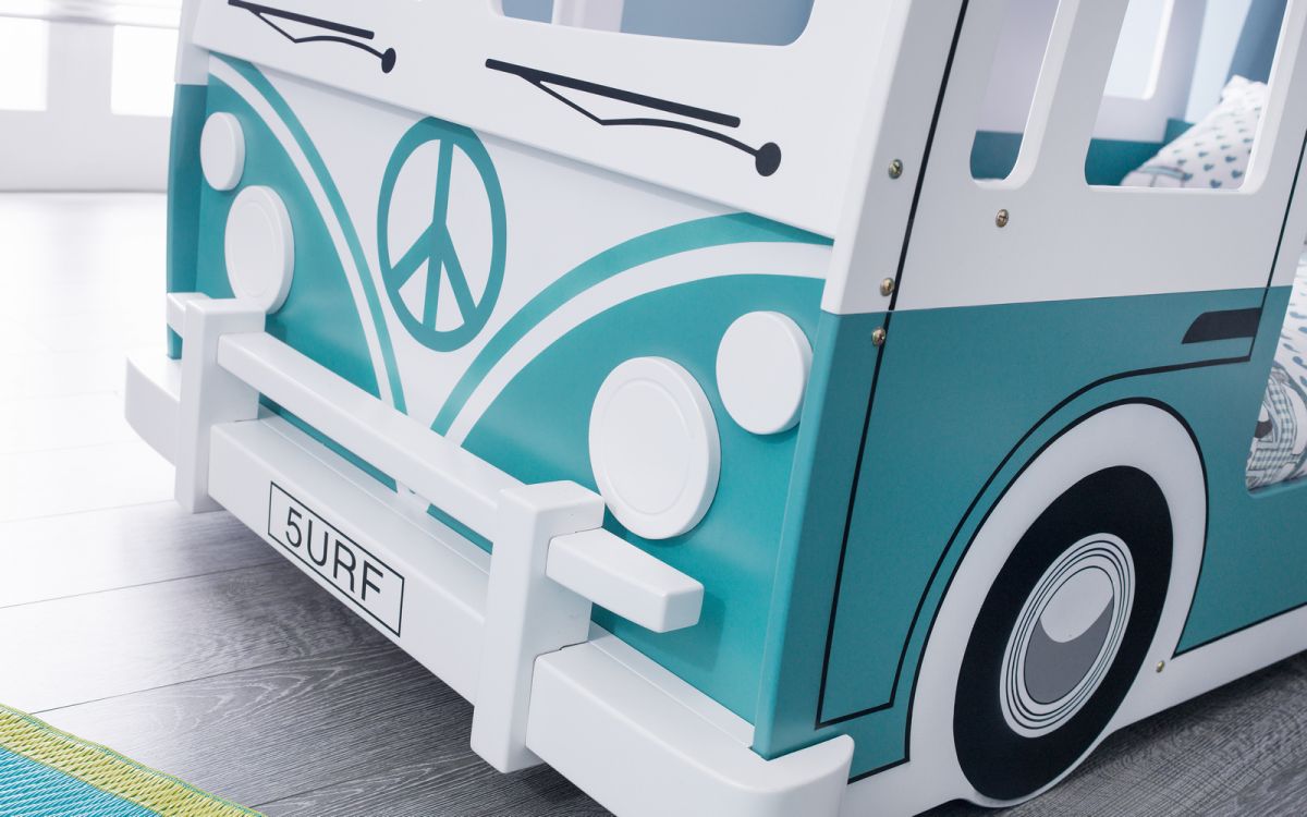 Kids Campervan Bunk Bed - Vintage Green and White - Optional Mattress