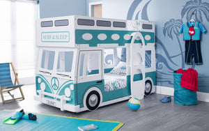 Kids Campervan Bunk Bed - Vintage Green and White - Optional Mattress