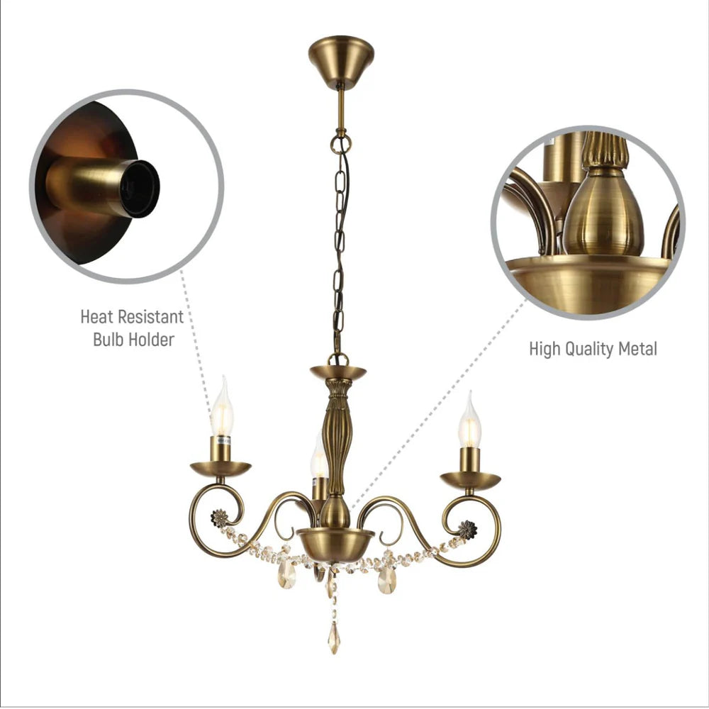 Piscis Antique Brass Finishing Metal Body French Candle Vintage Crystal Ceiling Light E14 - Available in 3, 5 & 8 Candle