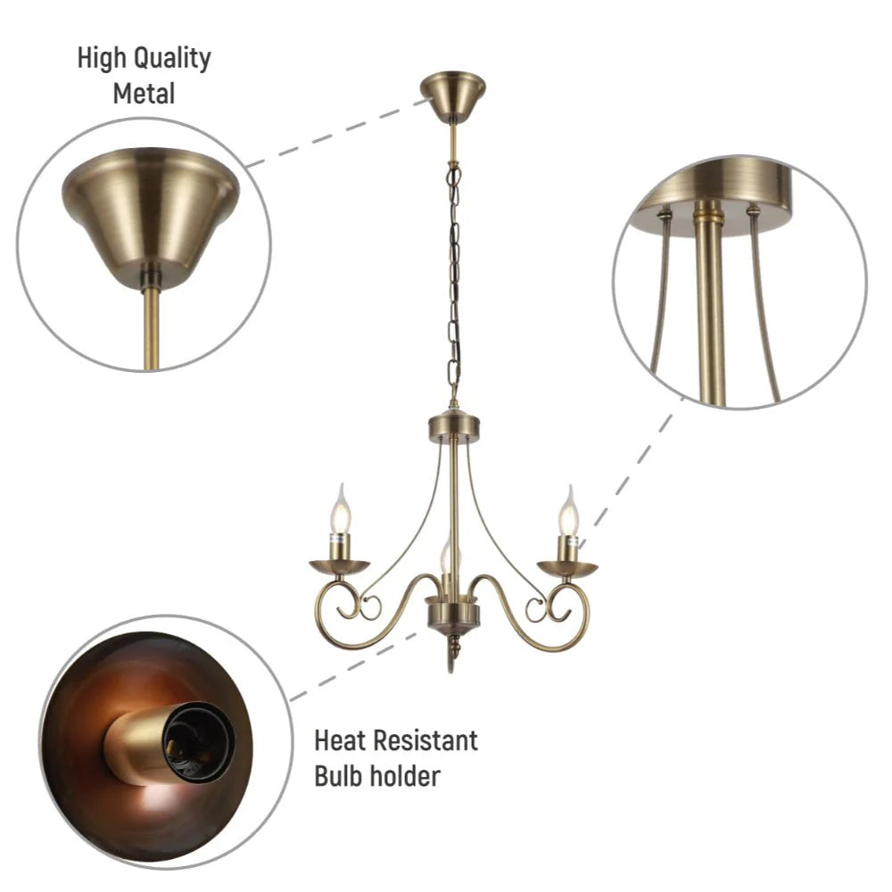 Pegasus Candle Vintage Antique Brass French Chandelier Ceiling Light E14 - Available in 3, 5 & 8 Candle