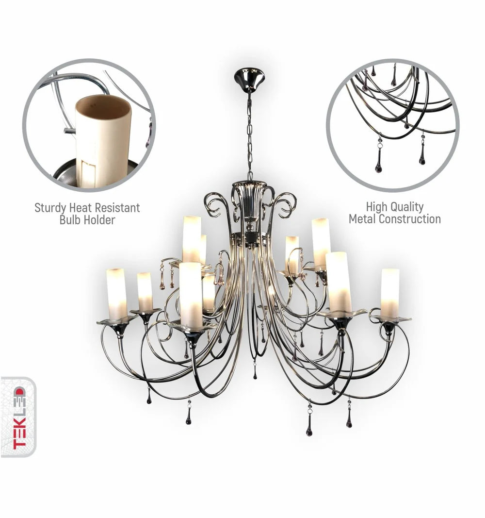 Scorpius - Opal Cylinder Glass Chrome Candle Metal Arm Ceiling Chandelier Light E14 - Available in 3, 8 & 12 Candles