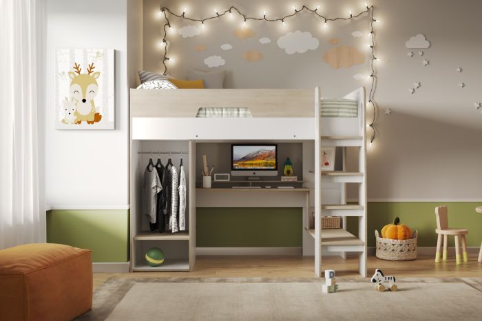 Coco High Sleeper Workstation - Oak And White