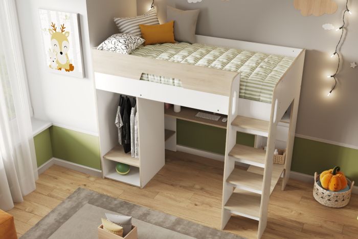 Coco High Sleeper Workstation - Oak And White