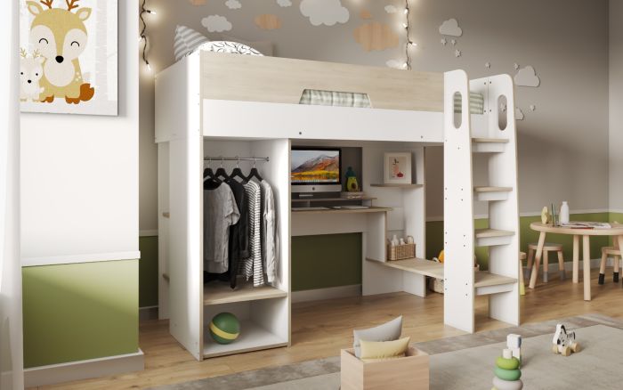 Coco High Sleeper Workstation - Oak And White